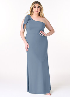 Azazie Rinna Bridesmaid Dresses Dusty Blue Mermaid One Shoulder Stretch Crepe Dress image5