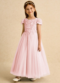 Azazie Puff Flower Girl Dresses Blushing Pink Ball-Gown Lace Tulle Dress image5