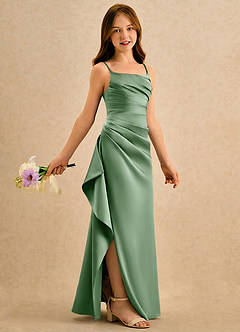 Azazie Cannoli Girls Formal Robe Demoiselle D'honneur Fillette Robe Trapèze en Mat Satiné Plissée Matcha image1