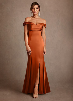 Azazie Boone Mère de la mariée Robes Robe Sirène en Satin extensible Épaule décolletée Orange Brûlée image2