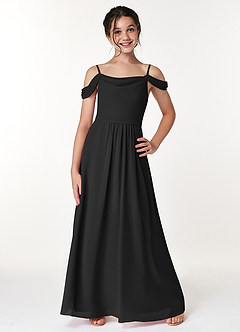 Azazie Alivia Junior Robe Trapèze en Mousseline de soie Épaule décolletée Noir image1