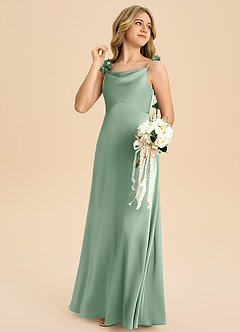 Azazie Gumdrop Junior 엠파이어 주름진 스트레치 새틴 플로어 길이 주니어 신부 들러리 드레스 image4