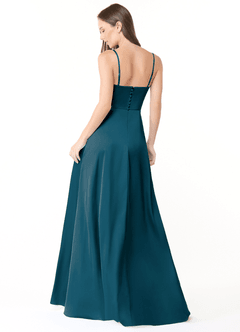 Azazie Halsey Final Sale Ink Blue A-Line Side Slit Stretch Satin Dress image2