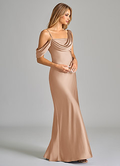 Azazie Celina Bridesmaid Dresses English Rose Sheath Off the Shoulder Stretch Satin Dress image6