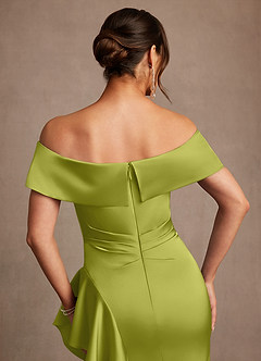 Azazie Kirsty Mother of the Bride Dresses Lemongrass Sheath Off the Shoulder Stretch Satin Dress image6