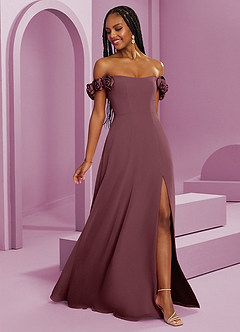 Barbie ♥ Azazie Suknie dla druhen Rozkloszowana szyfonowa sukienka z odkrytymi ramionami i kwiatowymi rozetkami image8