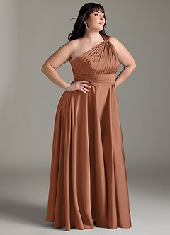 Azazie Charlize Bridesmaid Dresses Bronzer A-Line One Shoulder Stretch Satin Dress image12