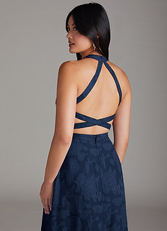 Azazie Clarice Bridesmaid Dresses Dark Navy A-Line Side Slit Floral Burnout Dress image6