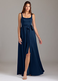 Azazie Elliott Bridesmaid Dresses Dark Navy A-Line with Pockets Stretch Satin Dress image5