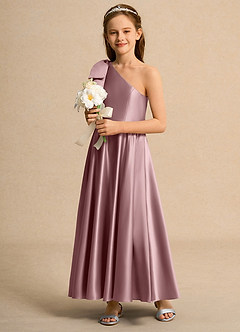 Azazie Guppy Girl Blumenmädchenkleider A-Linie One-Shoulder Matte Satin Kleid Altrosa image5
