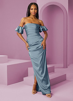 Barbie ♥ Azazie Abiti da Damigella Abito Convertibile Tubino in Raso Elasticizzato a Spalla Scoperta Blu Polveroso image1