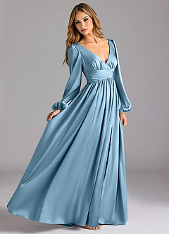 Azazie Norah Bridesmaid Dresses Steel Blue A-Line Stretch Satin Dress image3
