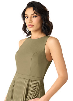 Azazie Lindie Vestidos de damas de honor Vestido de Musgo Verde de Gasa de Corte en A con Cuello en V plisado image4
