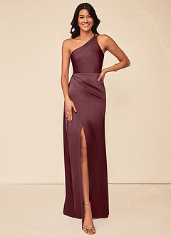 Azazie Maron Bridesmaid Dresses Sangria A-Line One Shoulder Stretch Satin Dress image1
