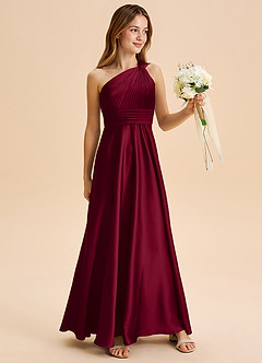 Azazie Charlize Junior Burgundy A-Line Pleated Stretch Satin Dress image3