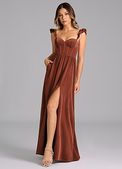 Azazie Denisse Bridesmaid Dresses Terracotta A-Line Ruched Velvet Dress image1