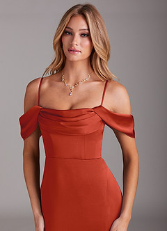 Azazie Saige Bridesmaid Dresses Rust Mermaid Off the Shoulder Stretch Satin Dress image2