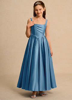 Azazie Mochi Girl vestidos de niña de las flores Vestido de Azul Acero de Satin Mate de Princesa con Plisado image5