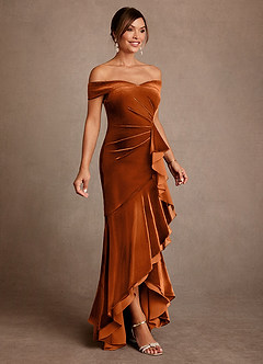Azazie Billings vestidos de madre de la novia Vestido de Naranja Quemada de terciopelo de Corte Sirena con Vestidos sin tirantes image4