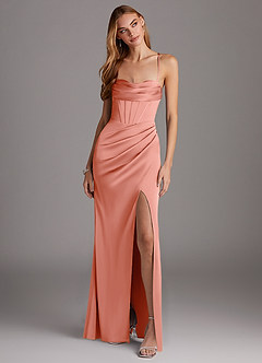 Azazie Brookelle Bridesmaid Dresses Coral Sheath Sweetheart Corset Stretch Satin Dress image4