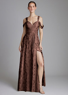 Azazie Emoria Bridesmaid Dresses Chocolate Jacquard A-Line Off the Shoulder Jacquard Dress image6