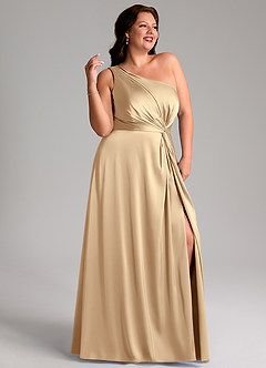 Azazie Brooke Bridesmaid Dresses Champagne A-Line One Shoulder Stretch Satin Dress image11