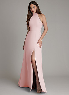 Azazie Myra Bridesmaid Dresses Blushing Pink A-Line High Neck Chiffon Dress image1