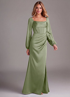 Azazie Charissa Bridesmaid Dresses Pistachio Sheath Long Sleeve Stretch Satin Dress image6