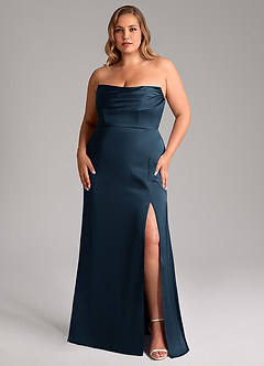 Azazie Saige Vestidos de damas de honor Vestido Azul Marino Oscuro de Satén Elástico de Corte Recto con Hombros descubiertos image11