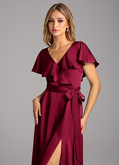 Azazie Lainey Bridesmaid Dresses Burgundy A-Line with Pockets Stretch Satin Dress image6