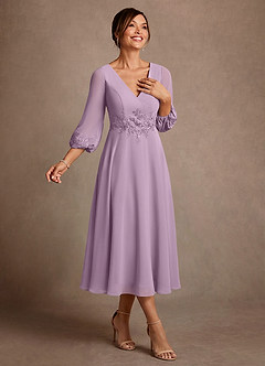 Azazie Ana 신부의 어머니 드레스 A라인 레이스 쉬폰 티 길이 드레스 image2