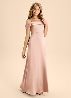 Azazie Anselie Junior Rose Gold A-Line Off the Shoulder Stretch Satin Dress image5