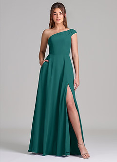 Azazie Melanie Abiti da Damigella Abito A-Line in Chiffon a Spalla Scoperta Verde Pavone image1