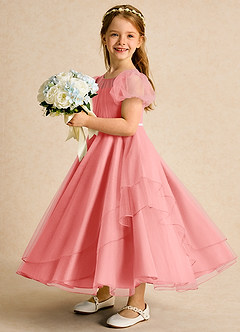 Azazie Duckie Abiti da Ragazza di Fiori Abito Principessa in Tulle Plissettato Corallo image4