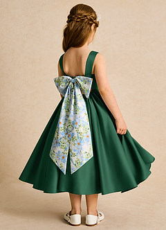 Azazie Doodlebug Blumenmädchenkleider A-Linie Schleifen Matte Satin Kleid Dunkelgrün image3