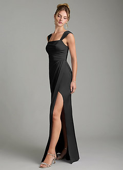 Azazie Filippa Bridesmaid Dresses Black A-Line Pleated Stretch Satin Dress image4