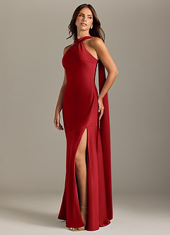 Azazie Kinsley Bridesmaid Dresses Pomegranate Mermaid Side Slit Stretch Satin Dress image3