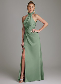 Azazie Gracelynn Bridesmaid Dresses Matcha Sheath Pleated Stretch Satin Dress image6