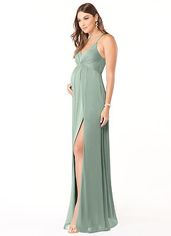 Azazie Annabelle At-home Try On Dresses A-Line V-Neck Pleated Mesh Floor-Length Dress image4