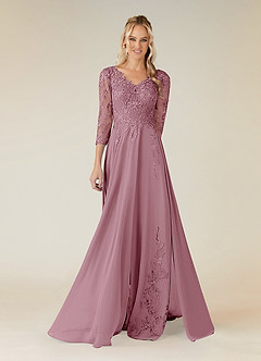 Azazie Noella Mother of the Bride Dresses Vintage Mauve A-Line V-Neck Lace Chiffon Dress image1