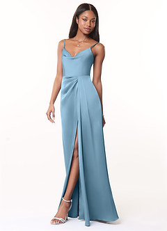 Azazie Brielle Robes de demoiselle d'honneur Robe Trapèze en Satin extensible Bretelles spaghetti Acier Bleuté image3