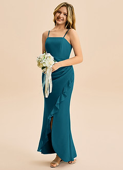 Azazie Buzzy Junior Ink Blue Sheath Pleated Chiffon Dress image3