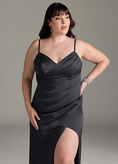 Azazie Yola Bridesmaid Dresses Black Sheath V-Neck Pleated Stretch Satin Convertible Dress image13