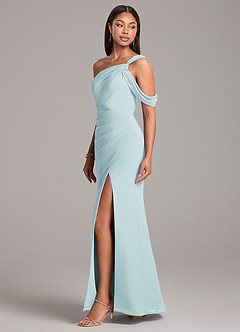 Azazie Wynter Bridesmaid Dresses Sea Glass Sheath Off the Shoulder Chiffon Dress image3