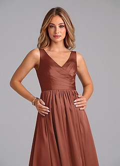Azazie Keyla Bridesmaid Dresses Auburn A-Line Pleated Stretch Satin Dress image3