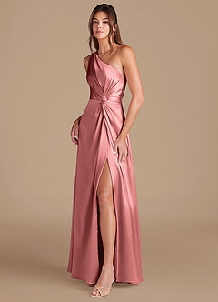 Azazie Brooke Brautjungfernkleider A-Linie One-Shoulder Metallischer Satin Kleid Rosettenrosa image4