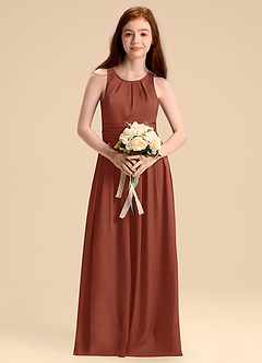 Azazie Bibiane Junior Abito A-Line in Raso Elasticizzato Plissettato Auburn image4