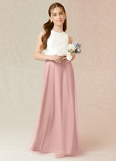 Azazie Albertine Junior Powder Pink A-Line Lace Chiffon Dress image1