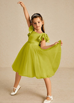 Azazie Kaeya Flower Girl Dresses Lemongrass A-Line Bow Tulle Dress image2