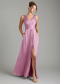 Azazie Karina Bridesmaid Dresses Candy Pink A-Line Pleated Stretch Satin Dress image1